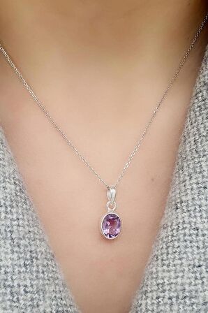 Mor Ametist Taşlı 925ayar Gümüş Oval  Doğal Taş Kolye