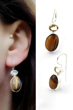 Sitrin Taşlı Kaplan gözü  Taşı 925ayar Gümüş Tasarım Küpe