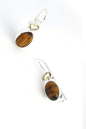 Sitrin Taşlı Kaplan gözü  Taşı 925ayar Gümüş Tasarım Küpe