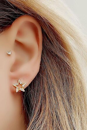 Baget Zirkon Taşlı 925ayar Gümüş Üzerine Altın Kaplama Özel Tasarım Yıldız Küpe