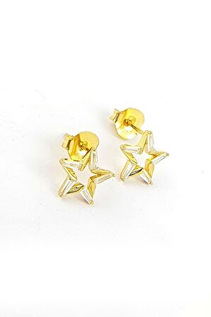 Baget Zirkon Taşlı 925ayar Gümüş Üzerine Altın Kaplama Özel Tasarım Yıldız Küpe