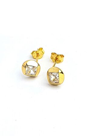 Zirkon Taş Detaylı 925ayar Gümüş üzerine Altın kaplama İtalyan Tek Taş Küpe