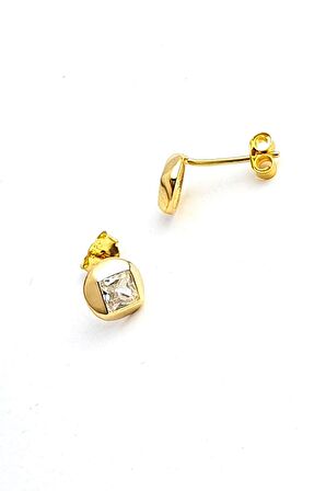 Zirkon Taş Detaylı 925ayar Gümüş üzerine Altın kaplama İtalyan Tek Taş Küpe