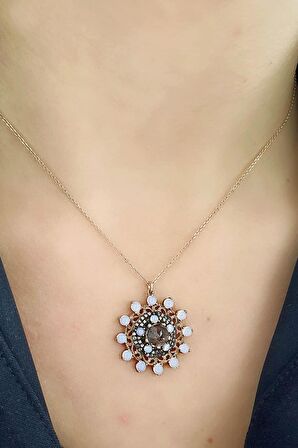 Dumanlı kuvars ve Swarovski Taşlı 925ayar Gümüş Özel Tasarım Kolye