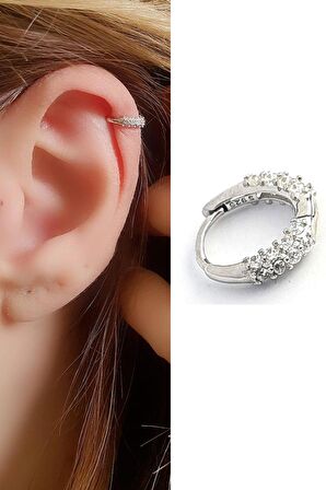 Zirkon Taş Detaylı İtalyan 925ayar Gümüş Kıkırdak Tek Halka Küpe