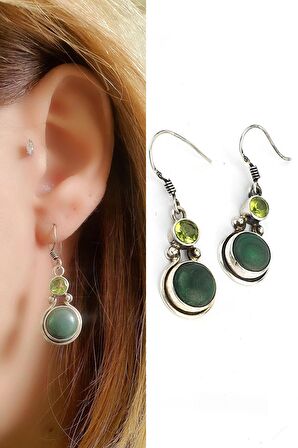 Peridot ve Malakit Taşlı 925ayar Gümüş Tasarım El İşi Küpe