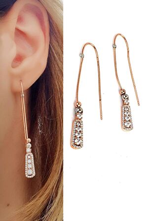 Zirkon Taşlı 925ayar Gümüş Üzerine Rose Altın Kaplama Zincir Küpe