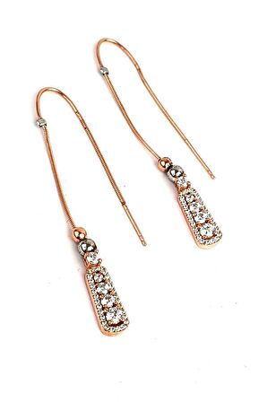 Zirkon Taşlı 925ayar Gümüş Üzerine Rose Altın Kaplama Zincir Küpe