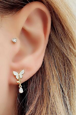 El İşi Sedef Taş Detaylı 925ayar Gümüş üzerine Altın kaplama Kelebek Küpe 