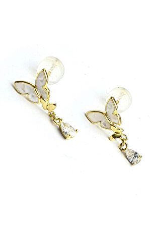 El İşi Sedef Taş Detaylı 925ayar Gümüş üzerine Altın kaplama Kelebek Küpe 