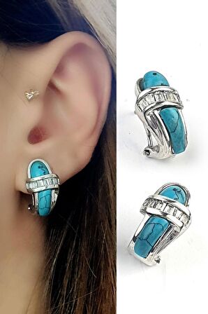 Baget Zirkon Taş detaylı Turkuaz Taş Detaylı 925ayar Gümüş Tasarım Küpe