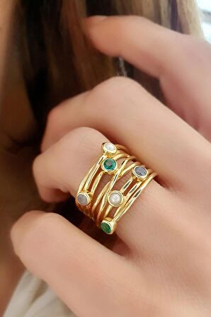 Aquamarin  peridot  labrodorite inci detaylı 925ayar Gümüş Üzerine Altın Kaplama Tasarım Doğal Taş Yüzük