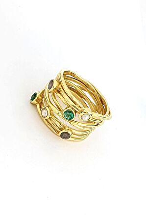 Aquamarin  peridot  labrodorite inci detaylı 925ayar Gümüş Üzerine Altın Kaplama Tasarım Doğal Taş Yüzük