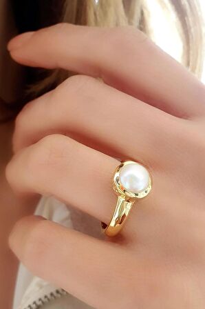 925ayar Gümüş Üzerine Altın Kaplama İnci Doğal Taş Yüzük