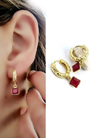 KÖK YAKUT Taşlı 925ayar Gümüş Üzerine Altın Kaplama Tasarım Doğal Taş Halka Küpe 