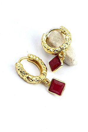 KÖK YAKUT Taşlı 925ayar Gümüş Üzerine Altın Kaplama Tasarım Doğal Taş Halka Küpe 