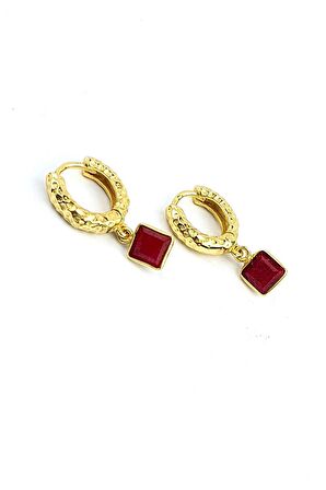 KÖK YAKUT Taşlı 925ayar Gümüş Üzerine Altın Kaplama Tasarım Doğal Taş Halka Küpe 