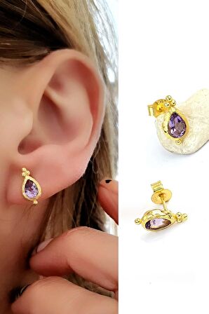 Ametist Taşlı 925ayar Gümüş üzerine Altın kaplama tasarım Doğal Taş Minimal Küpe 