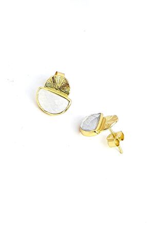 925ayar Gümüş Üzerine Altın Kaplama Tasarım Ay Taşlı Küpe