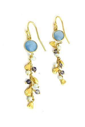 Kalsedon Taşlı Safir Aquamarin Taş Detaylı 925ayar Gümüş Üzerine Altın Kaplama Tasarım Doğal Taş Küpe 