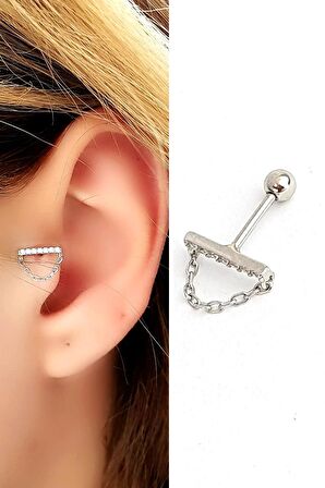 Zirkon taşlı Zincir Detaylı 925ayar Gümüş Üzerine Altın Kaplama Tragus ve Kıkırdak Piercing