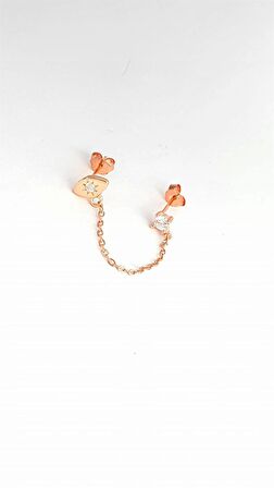 Zirkon Tek Taş ve Göz Figürlü 925ayar Gümüş Üzerine Rose Altın Kaplama Çift Deliğe Takılan Zincir Tek küpe