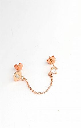 Zirkon Tek Taş ve Göz Figürlü 925ayar Gümüş Üzerine Rose Altın Kaplama Çift Deliğe Takılan Zincir Tek küpe