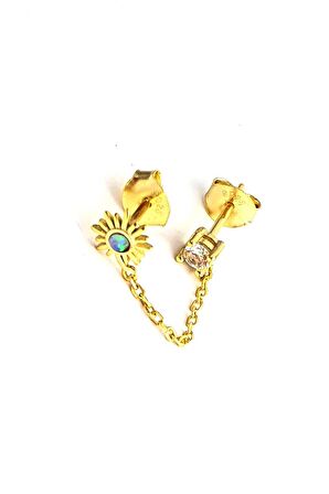 Opal taşlı güneş figürlü tek taş detaylı 925ayar gümüş Üzerine altın kaplama Çift Deliğe Takılan Zincir Tek Küpe