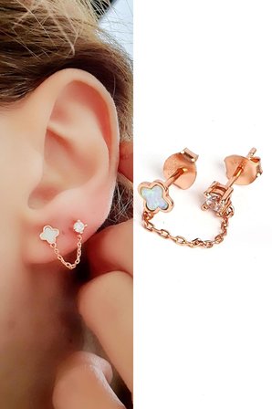 Opal Taşlı ve Tek Taşlı Çift Deliğe Takılan 925ayar Gümüş Üzerine Rose Altın Kaplama Zincir Tek Küpe 