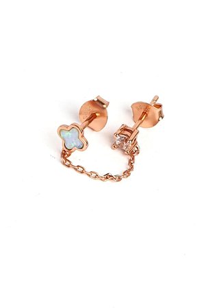 Opal Taşlı ve Tek Taşlı Çift Deliğe Takılan 925ayar Gümüş Üzerine Rose Altın Kaplama Zincir Tek Küpe 