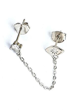 Zirkon Tek Taş ve Göz Figürlü 925ayar Gümüş  Çift Deliğe Takılan Zincir Tek küpe