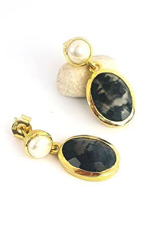 nci ve Yosun Agat Taşlı 925ayar Gümüş Üzerine Altın Kaplama Tasarım Doğal Taş Küpe