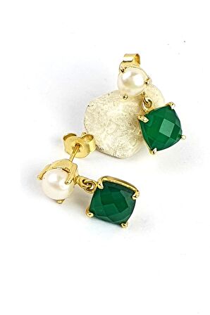 İnci ve Yeşim Taşlı 925ayar Gümüş Üzerine Altın Kaplama Tasarım Doğal Taş Küpe