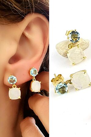 Aquamarin ve Ay Taşlı 925ayar Gümüş üzerine Altın kaplama tasarım Doğal Taş Küpe