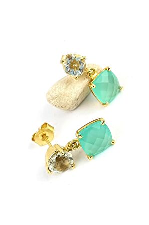 Mavi Topaz ve Kalsedon 925ayar Gümüş üzerine Altın kaplama tasarım Doğal Taş Küpe