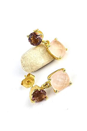 Ametist ve pembe kuvars taşlı 925ayar Gümüş üzerine Altın kaplama tasarım Doğal Taş Küpe