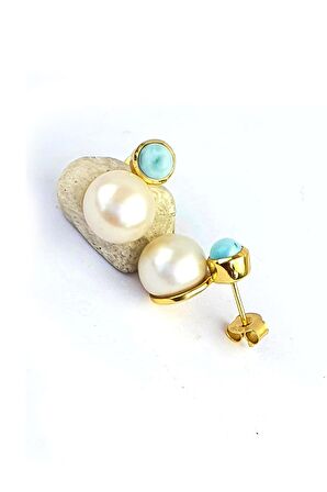 İnci ve Larimar Taşlı 925ayar Gümüş Üzerine Altın Kaplama Tasarım Doğal Taş Küpe