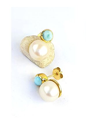 İnci ve Larimar Taşlı 925ayar Gümüş Üzerine Altın Kaplama Tasarım Doğal Taş Küpe