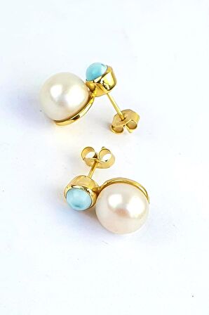 İnci ve Larimar Taşlı 925ayar Gümüş Üzerine Altın Kaplama Tasarım Doğal Taş Küpe