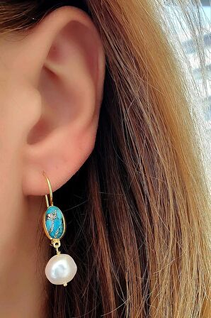 Turkuaz ve Barok İncili 925ayar Gümüş Üzerine Altın Kaplama Tasarım Doğal Taş Küpe 