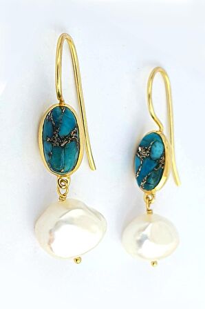 Turkuaz ve Barok İncili 925ayar Gümüş Üzerine Altın Kaplama Tasarım Doğal Taş Küpe 