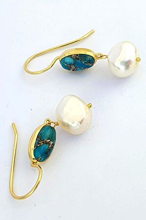 Turkuaz ve Barok İncili 925ayar Gümüş Üzerine Altın Kaplama Tasarım Doğal Taş Küpe 