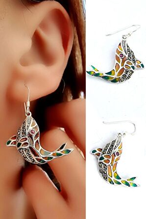 Balina  Figürlü Özel Mineli Vitray İşçiliği 925ayar Gümüş Tasarım Küpe