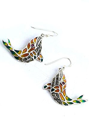 Balina  Figürlü Özel Mineli Vitray İşçiliği 925ayar Gümüş Tasarım Küpe