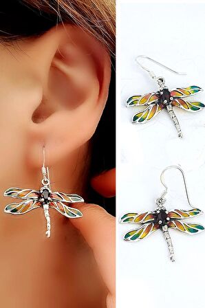 Granat Taş Detaylı yusufçuk Figürlü Özel Mineli Vitray İşçiliği 925ayar Gümüş Tasarım Küpe 