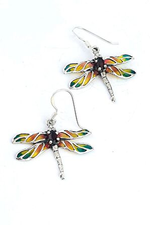 Granat Taş Detaylı yusufçuk Figürlü Özel Mineli Vitray İşçiliği 925ayar Gümüş Tasarım Küpe 