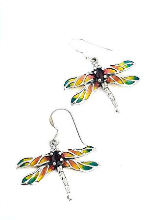 Granat Taş Detaylı yusufçuk Figürlü Özel Mineli Vitray İşçiliği 925ayar Gümüş Tasarım Küpe 