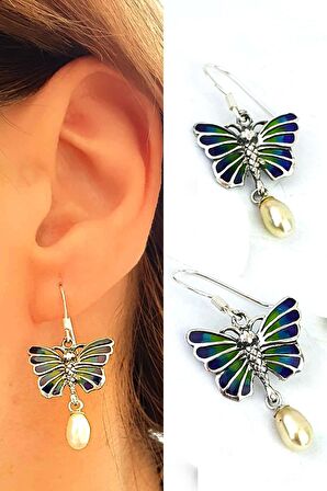 İnci Detaylı Kelebek Figürlü Özel Mineli Vitray İşçiliği 925ayar Gümüş Tasarım Küpe 