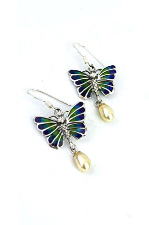 İnci Detaylı Kelebek Figürlü Özel Mineli Vitray İşçiliği 925ayar Gümüş Tasarım Küpe 