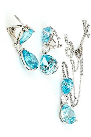 Aquamarin Taşlı 925ayar Gümüş Exclusive Küpe Kolye Set Takım
